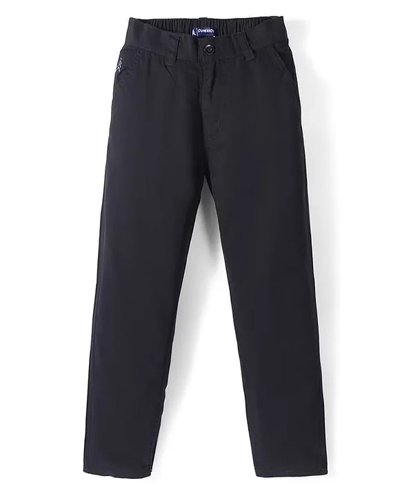 Pine Kids Cotton Elastane Woven Full Length Solid Color Trousers - Black